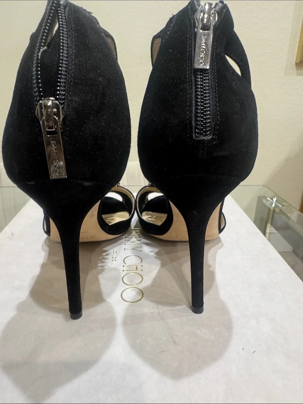 Jimmy Choo Black Crystal T-Strap Embellished Heels